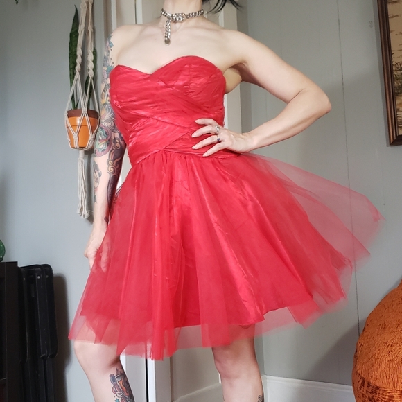 SOLD 80s Vintage Red Tulle Minidress Medium Sheer 1980s Prom Party Mini Dress - Picture 3 of 15